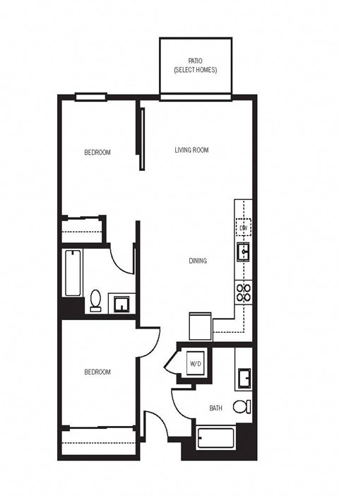 Floor plan for 2 beds, 2 baths, 881 sqft